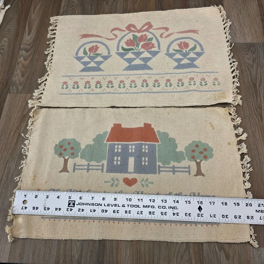 Vintage Country Folk Art Woven Placemats‎ Set 4 Saltbox House Heart Sampler Blue